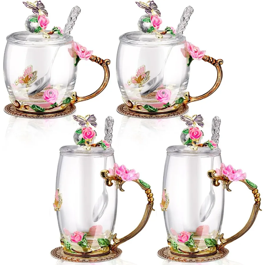 Nuanchu 4 Sets Flower Tea Cups with Lids Butterfly Vintage Glass Coffee Mugs with Spoon Fancy Clear Teacup Mother's Day Mom Wif