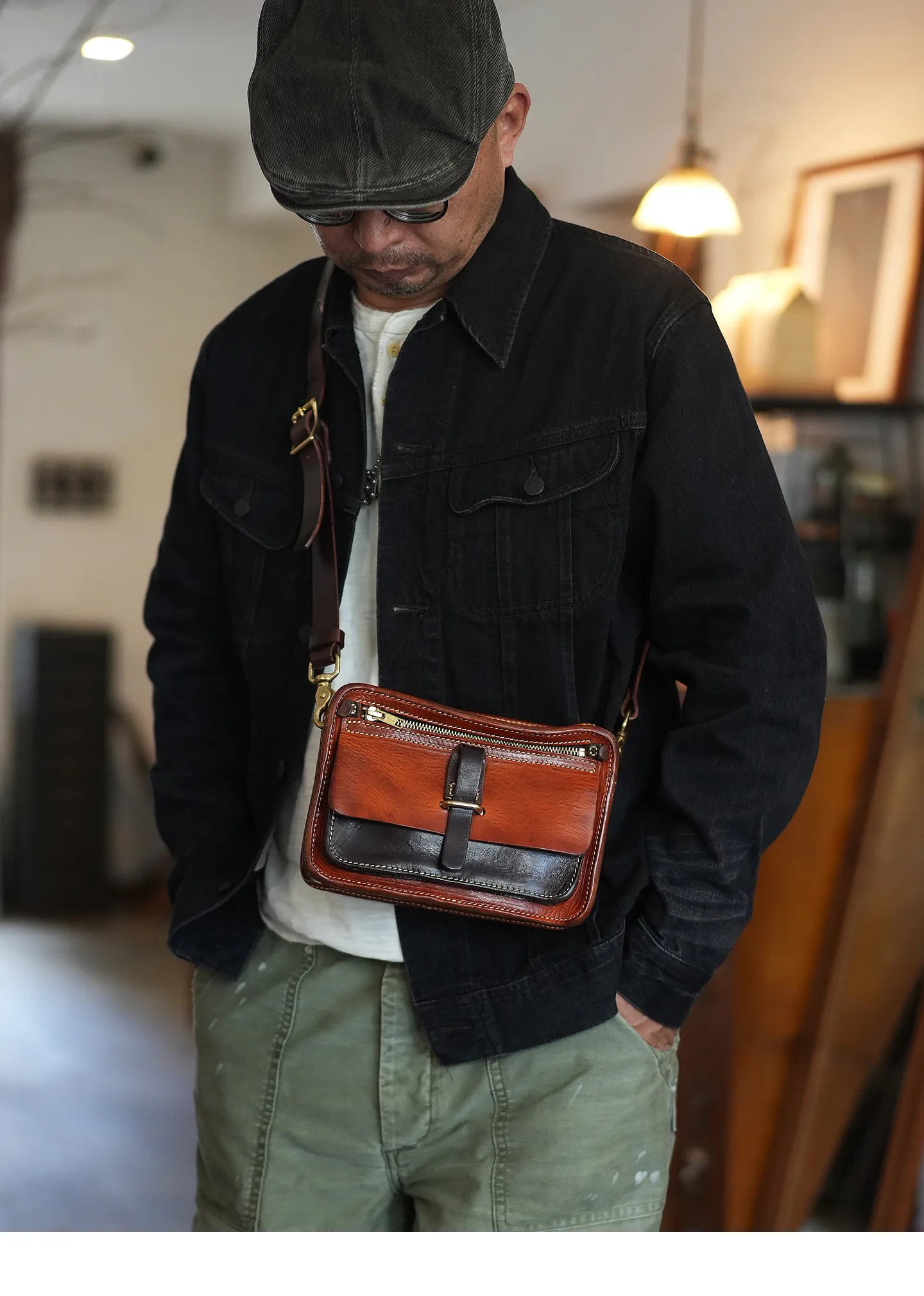 Wochenend-Outdoor-Tasche, tägliche erste Schicht aus Rindsleder, Herren-Umhängetasche, modische, lässige Designer-Umhängetasche, handgefertigt, aus echtem Leder. – Detail 4
