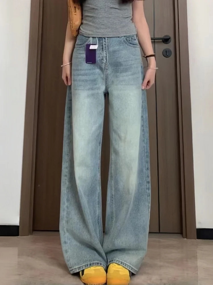 Damskie jeansy plus size w stylu retro, dżinsowe spodnie o prostym kroju, luźne, z szerokimi nogawkami, z wysokim stanem, codzienne, jesienne, nowość.