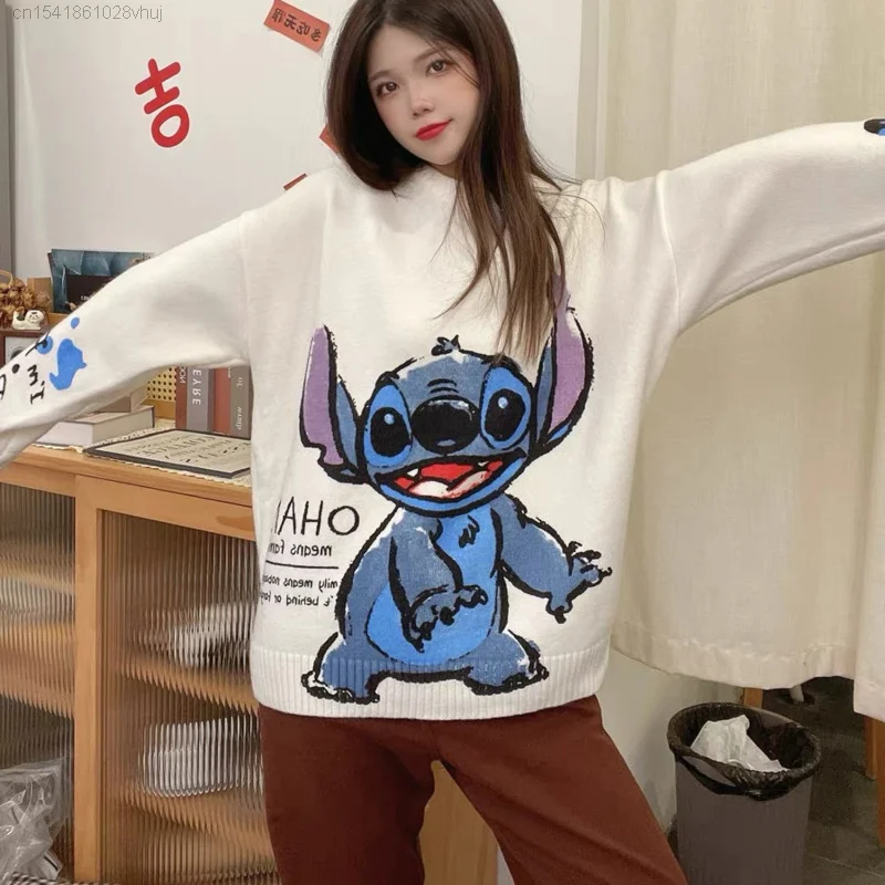 Disney Stitch Hip Hop White Sweater Men\'s Winter Thickened Knitted Trendy Korean Fashion Cute Anime Harajuku Clothes Top Women