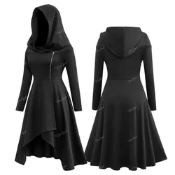 ﻿ROSEGAL Plus Size Gothic Zipper Ruched Asymmetric Hooded Dress Black Women Autumn Long Sleeves Outwear Dresses Vestidos