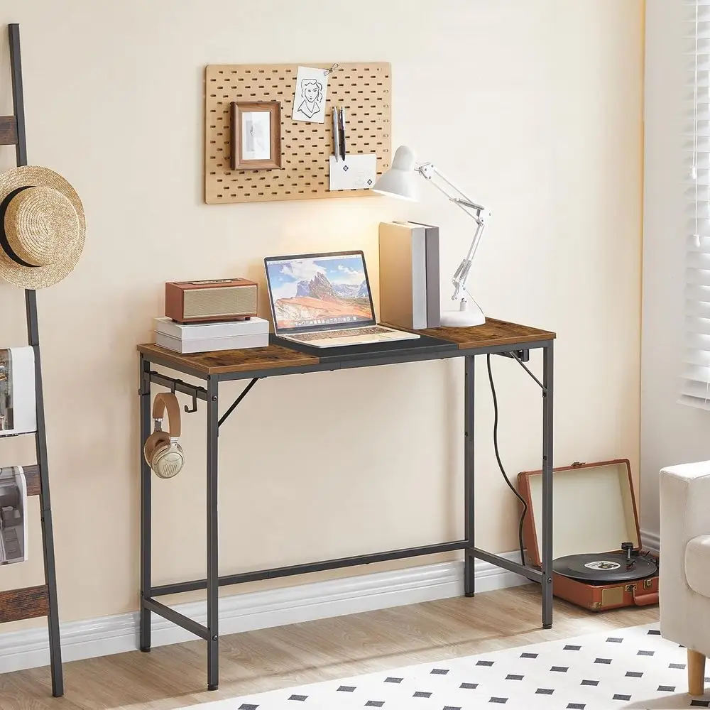 Modern Rustic Brown & Black Home Office Desk with Power Outlet and 3 Hooks for Easy Assembly