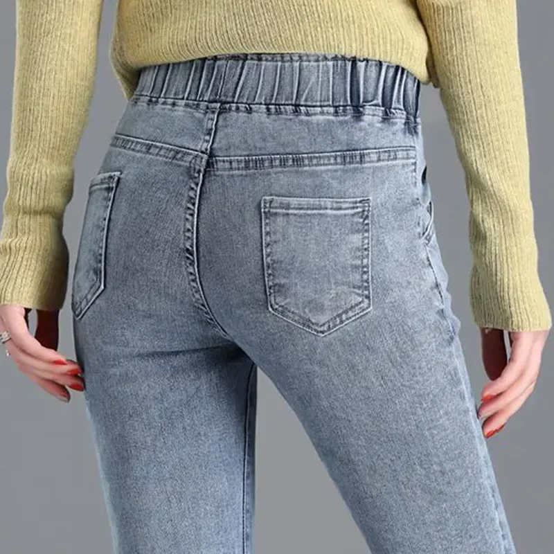 Winter warme dünne Bleistift Jeans Frauen Vintage elastische hohe Taille Samt gefüttert Jeans hose koreanische solide verdicken Stretch Vaqueros