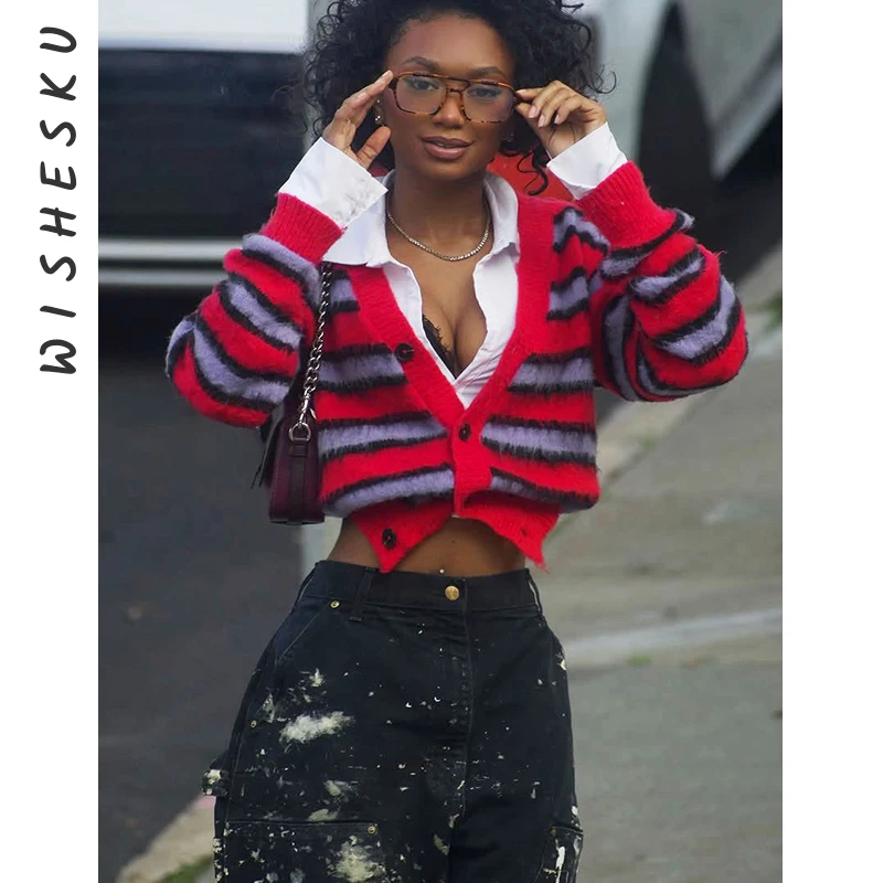 

Women Stripe Print V Neck Single Breasted Sweaters Elegant Long Sleeve Knitted Cardigan Top 2025 Fall Winter Y2K Clothes