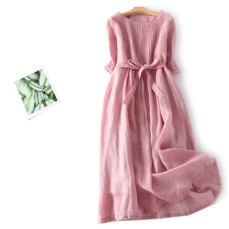 Original artistique rétro chanvre ceinturé t-shirt quart Sve Dr coréen Sle taille ample été Midi Dr couleur ronde Ne