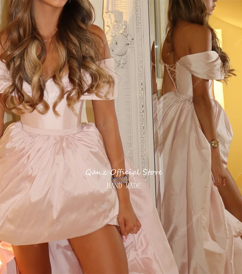 Qanz Blush Pink High Low Evening Dresses Off The Shoulder Taffeta Vestidos Verano Mujer Backless Birthday Party Gowns Customized