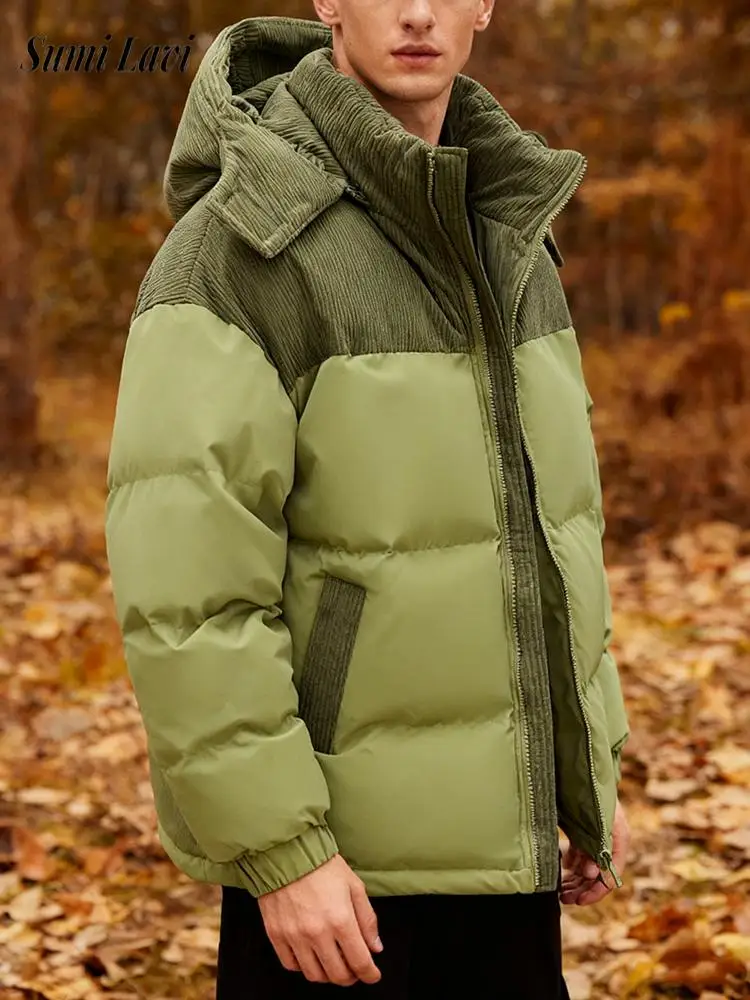 

Stylish Men's Patchwork Corduroy Down Jacket Winter Outdoor Casual Warm Thick Puffer Coats Men Fashion Detachable Hooded Jackets