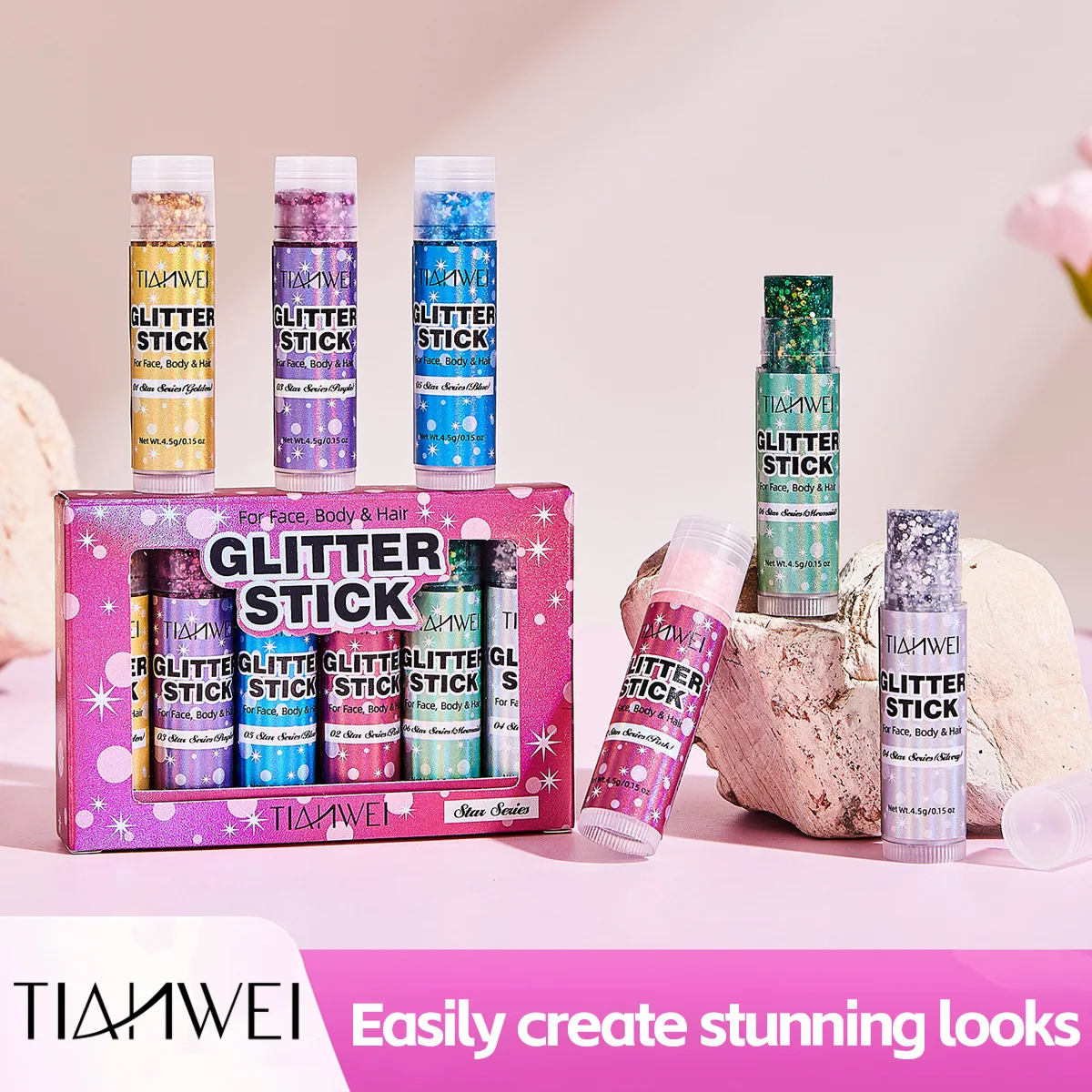 6-Pack Glitter Stick Set Sequin Gel Face Waterproof and Sweat Proof Long-Lasting Shine Multiple Colors A Shiny Makeup Look