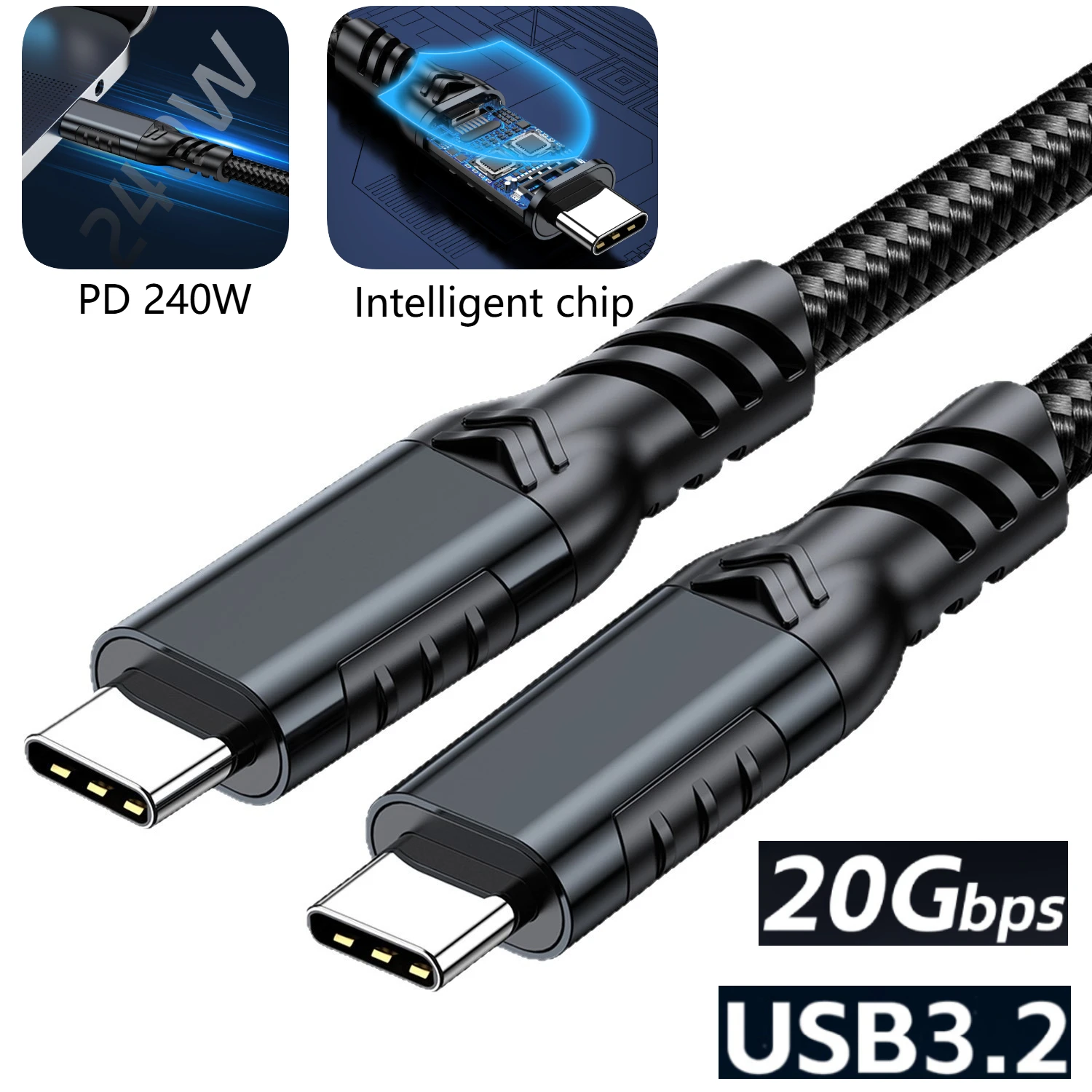 新品USB 3.2 Gen 2 Type-C編組ケーブル 8K@60Hz 20Gbps Thunderbolt4/3 高速 240W 5A急速充電 ビデオケーブル 1m 2m 3m