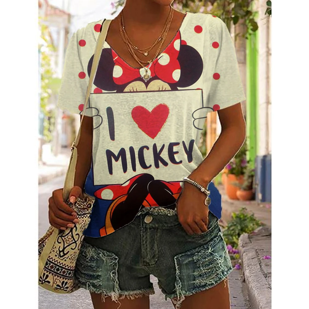 Fashionable Women's Sexy Lips 2024 T-shirt Women's Mickey Mouse Print V-neck T-shirt Women's Extra Large Summer Top T-shirt