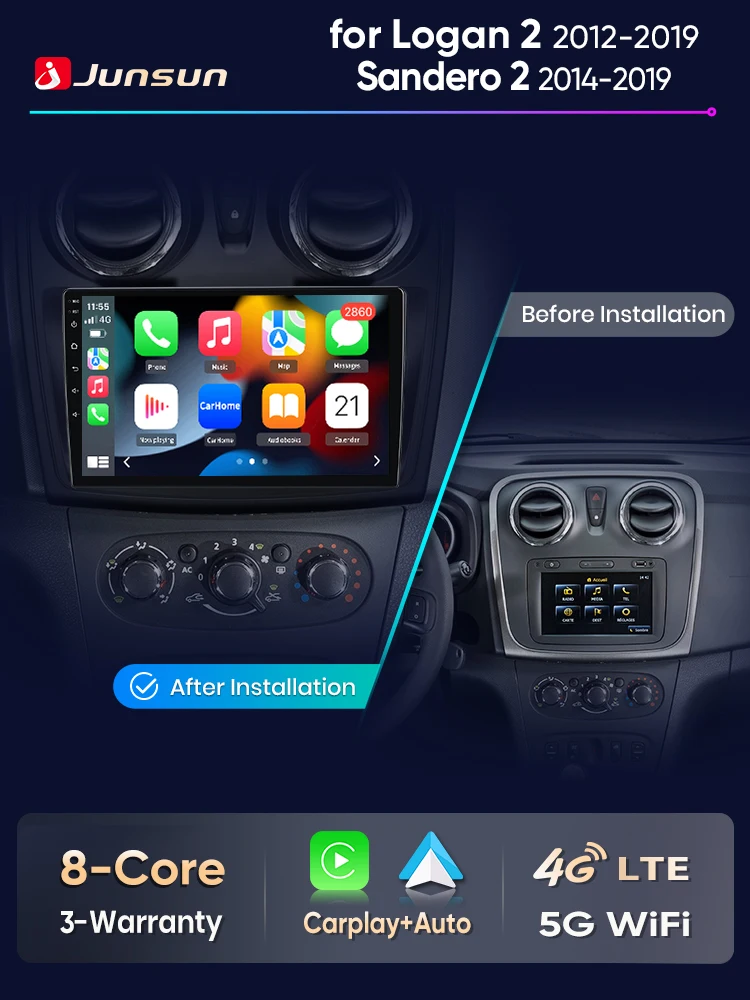Junsun Android Auto Autoradio für Renault Logan 2 Sandero 2014 2015 2016 2017 2018 2019 Multimedia Wireless Apple CarPlay Intelligente Systeme IPS Touchscreen Stereo Videoplayer 2 Din Autoradio Head