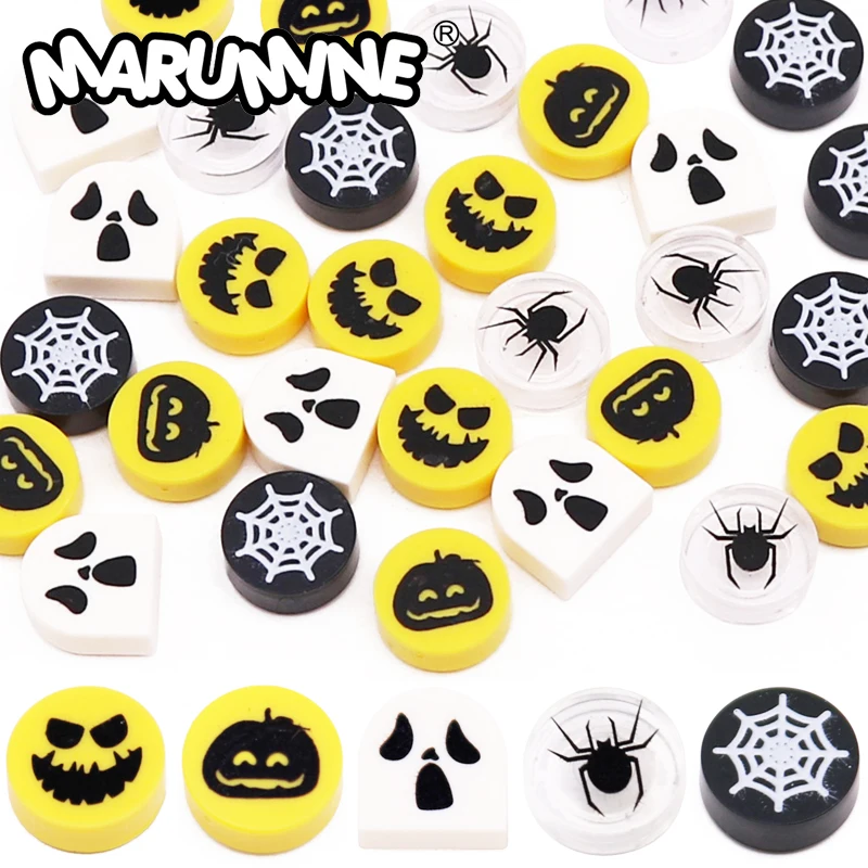 Marumine 80PCS Halloween Building Blocks Parts with Printing Spider Cobweb Pumpkin Head Ghost DIY Bricks Accessories 98138