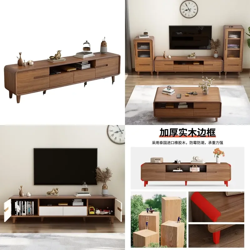 Solid Wood Frame TV Cabinet Low Floor Console New Chinese Style Small Apartment Living Room Video Storage Unit Walnut Bedroom