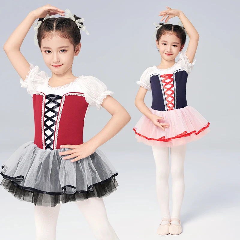 Girls Kid Puff Sleeve Ballet Tutu Dance Leotards Contrast Color Fluffy Toddler Gymnastics Dance Costumes