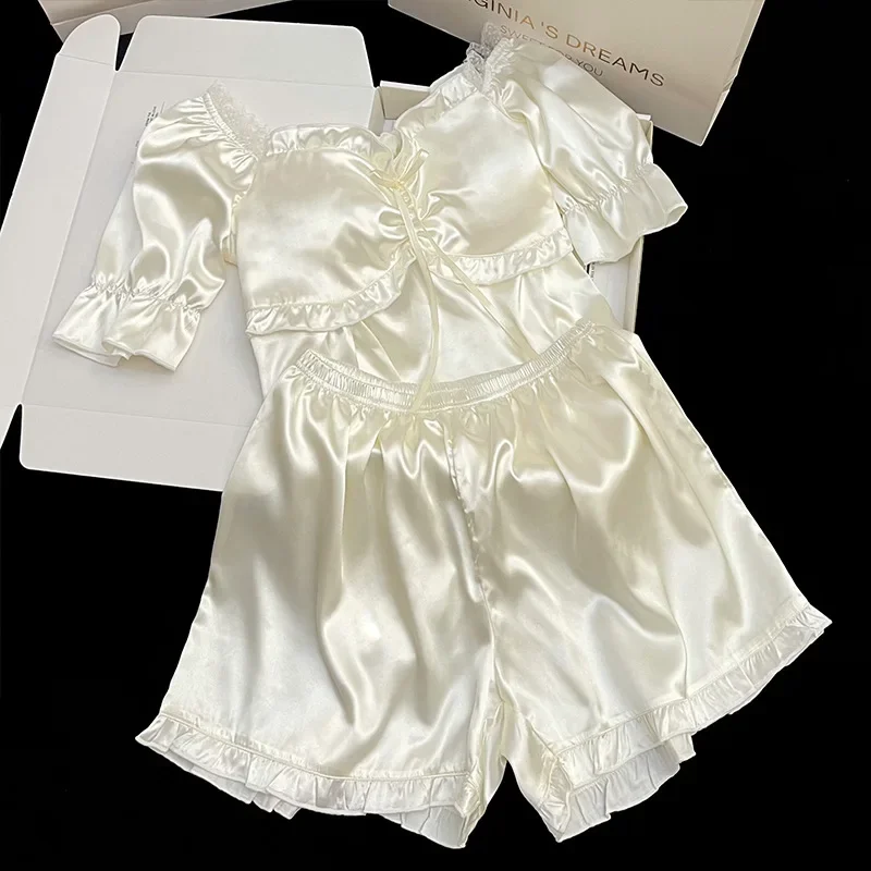 High-quality Simple Princess Temperament Summer Sling Women Pajamas with Chest Pad Set Thin Section Ruffles Clothes Sleepwear