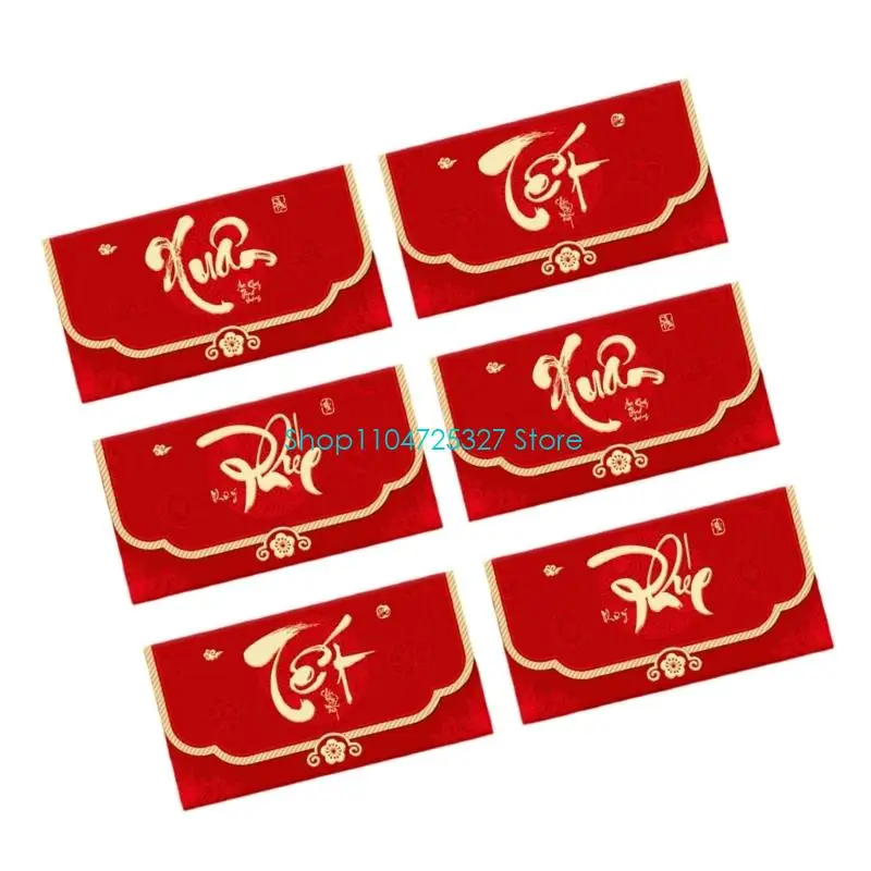 D8KF Pack of 6 2026 Horse Year Gold Frosted Red Envelopes Vietnamese Text Design