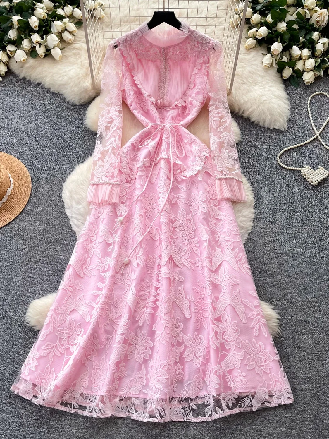 Elegant Korean Style Lace Design Long Sleeve A-Line Dress Women's Summer Slim Fit High Waist Polyester Fiber Commute Dress