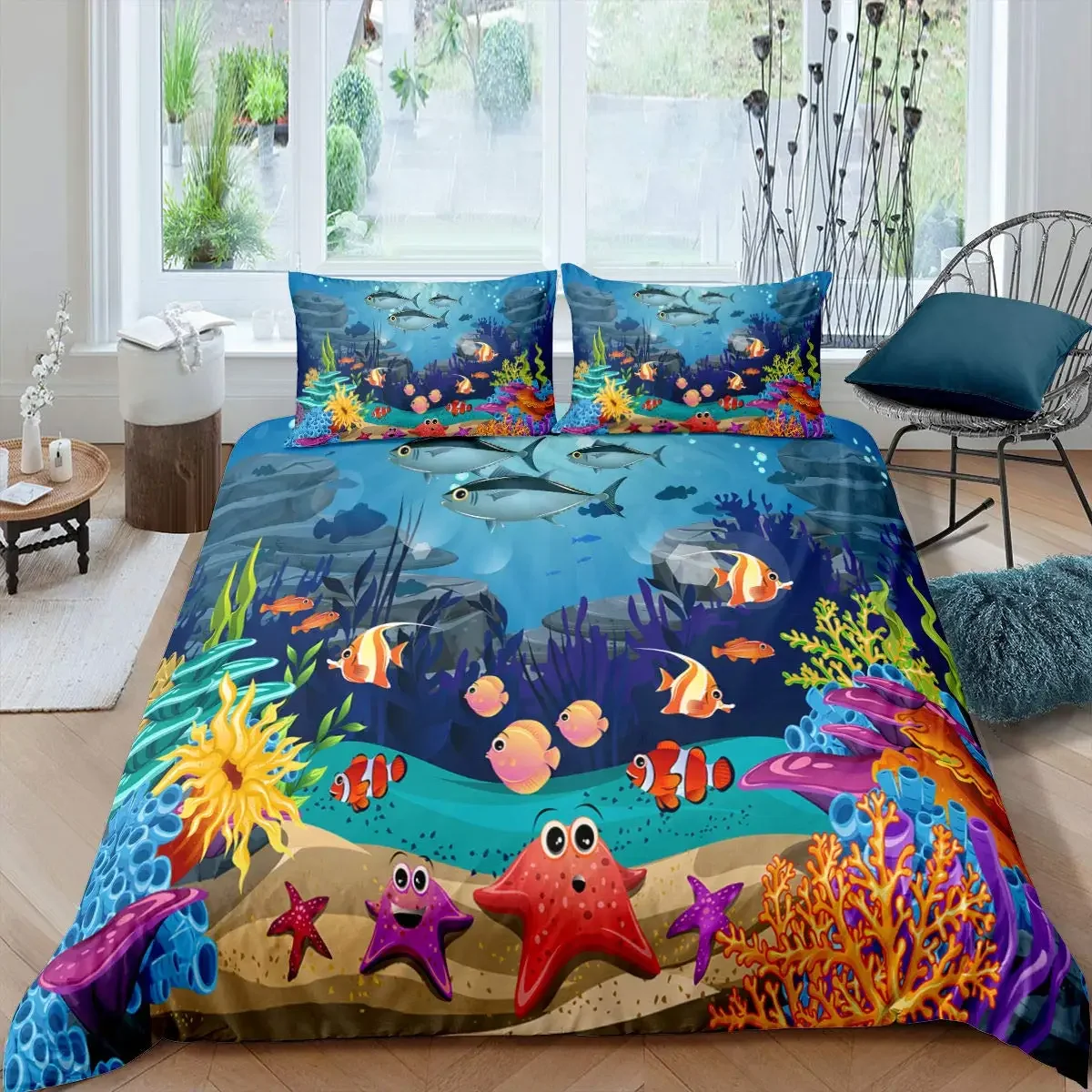 Kid Underwater World Oasis King Queen Duvet Cover Ocean Fish Coral Bedding Set Marine Life Quilt Cover Polyester Comforter Cover