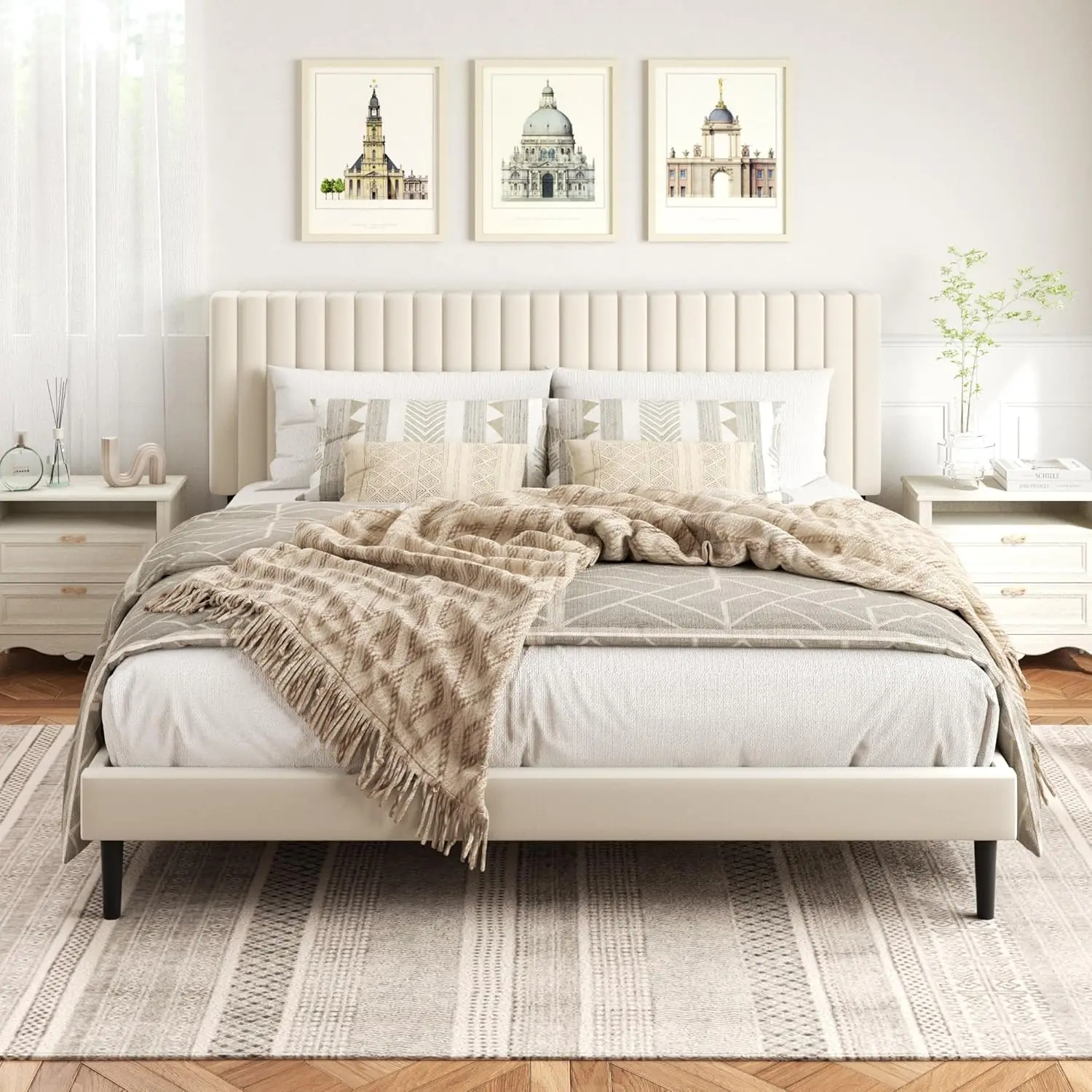 King Size Platform Bed Frame with Velvet Headboard, Strong Wood Slats, Easy Assembly in Beige