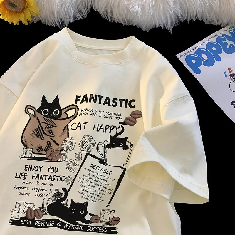 男性と女性のための特大の漫画の猫のグループのTシャツ,セーター,カジュアル,半袖,カップル,韓国語版,新しい