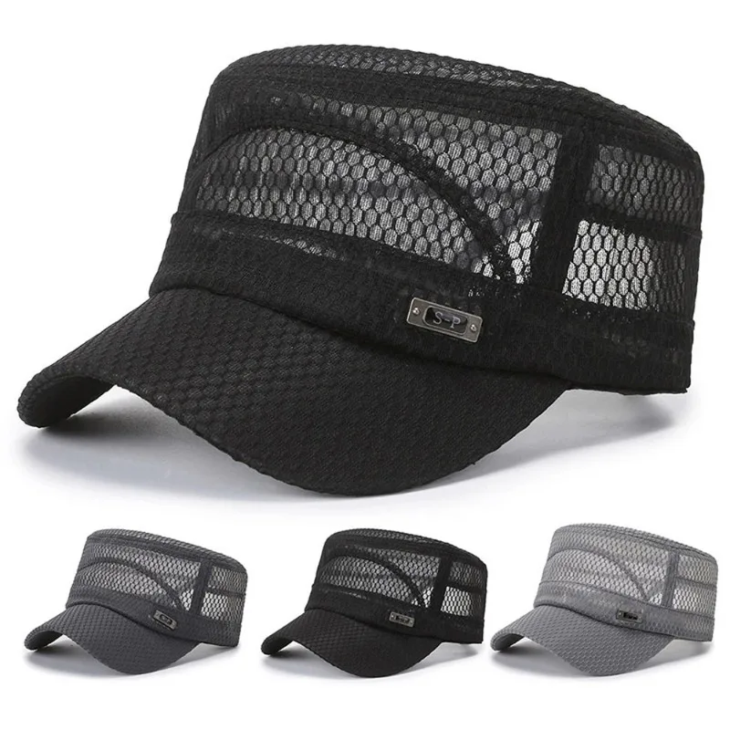 

Summer Mesh Breathable Sun Visor Hat for Men Outdoor Casual Sports Flat Top Cap Worker Truck Driver Hat Adjustable Peaked Cap