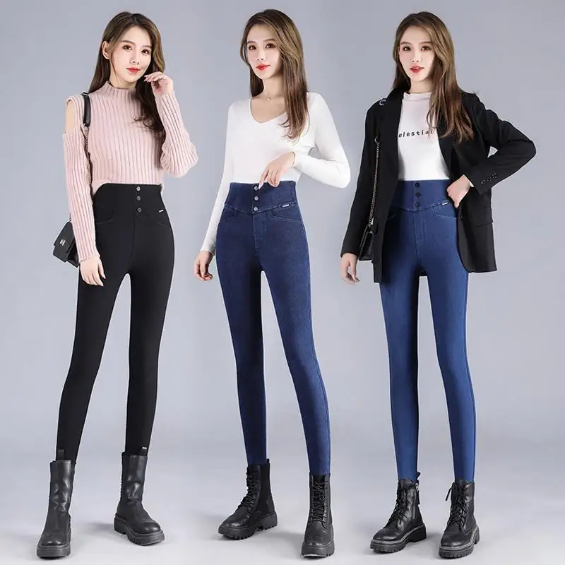 Korean Fashion Women Skinny Jeans Spring Autumn Solid Pencil Pants Elastic Band High Waist Pockets Lace-up Casual Full Trousers