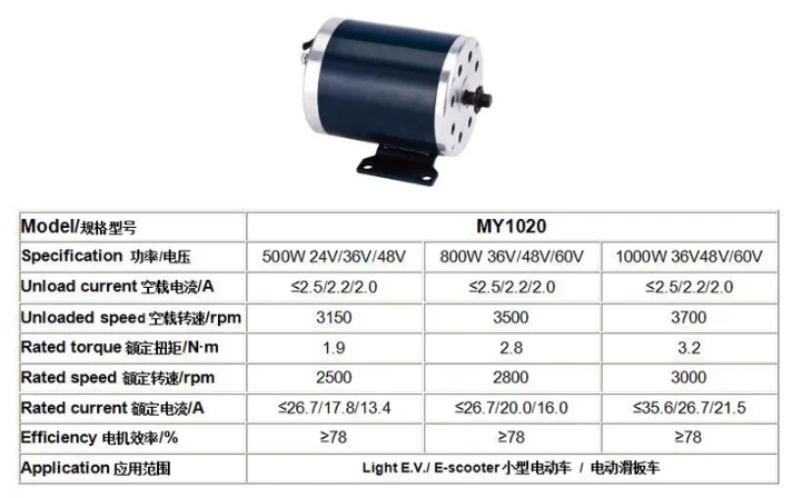 MY1020 500W-1000W 24V-48V DC Brushed Motor Kit - High Speed Controller & Throttle Grip for E-Bike, Scooter, Go-Kart