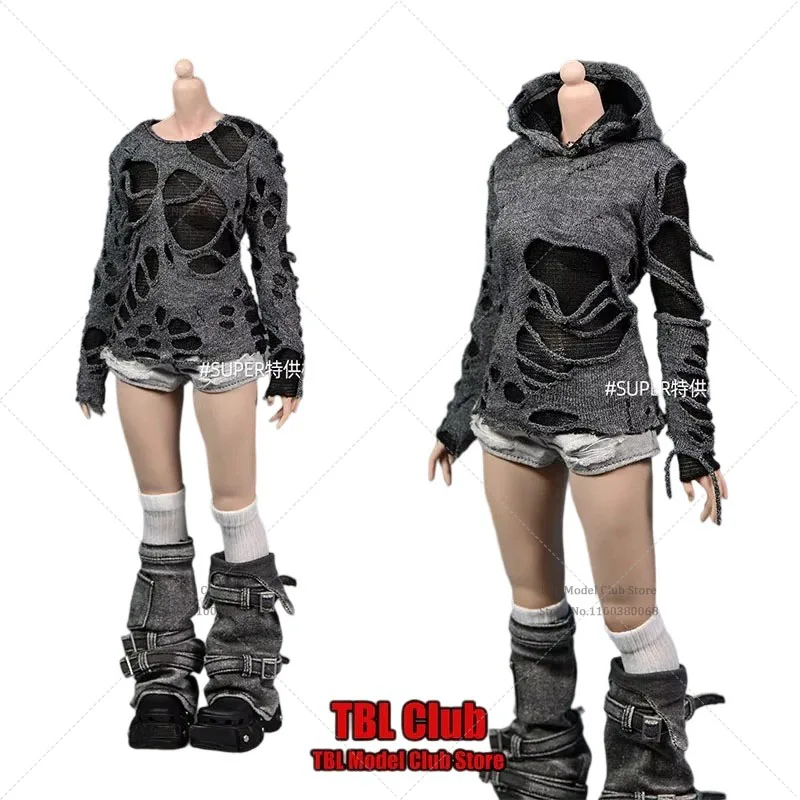 

In Stock 1/6 Scale Female Soldier Hip Hop Wasteland Style Black Grey Ripped Pullover For 12inch Action Figure Doll