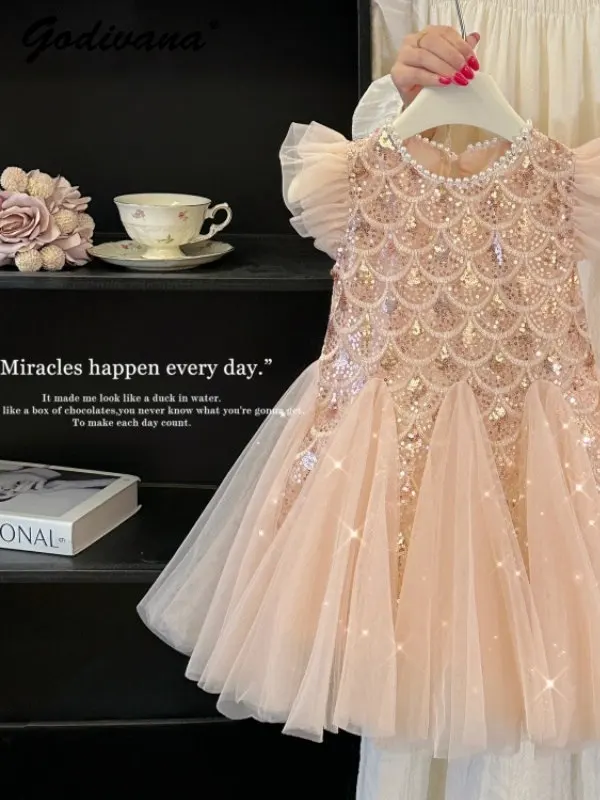

Sweet Cute Baby Girls Feifei Sleeve Elegant Mermaid Princess Dress 2026 New Summer Kids Fashion Mesh Sequined Pearl O-neck Dress