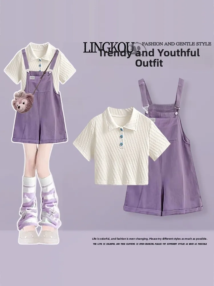 

Anti-Aging Large Size Women's Summer Fashion Set with Vintage Denim Overalls And Short Tops Two-Piece Ensemble round Neck Sho...