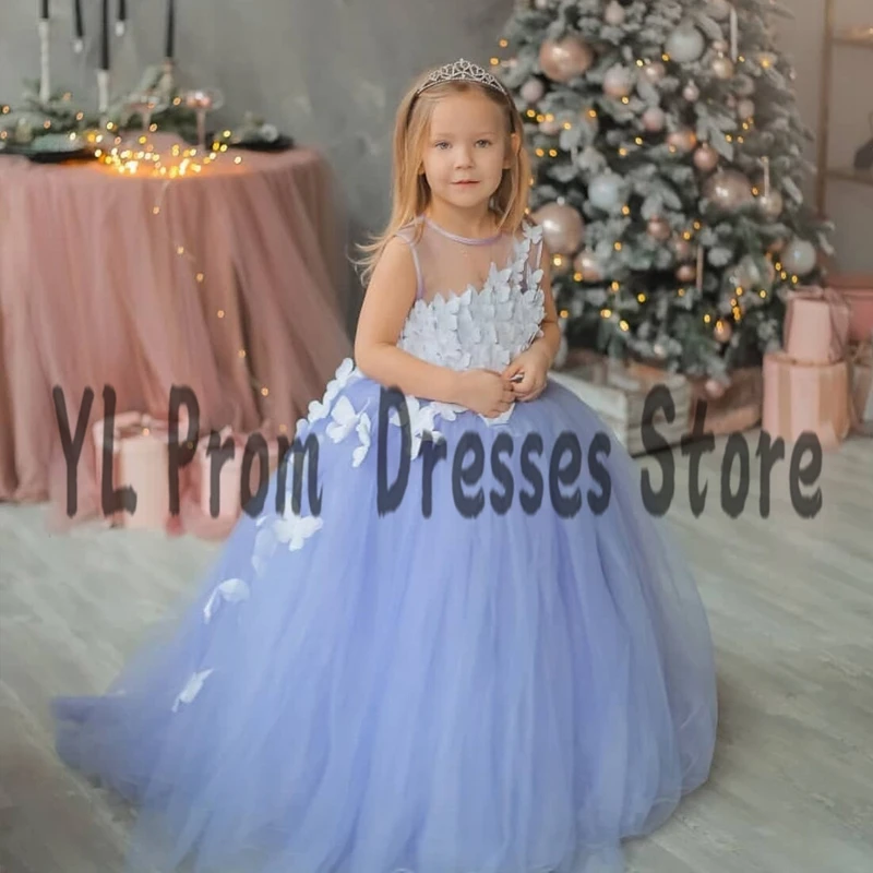 YL 2022 New 3D Butterflies Appliques Flower Girl Dresses Illusion Scoop Neck A-Line Pageant Gown Sweep Train Childen Party Gown