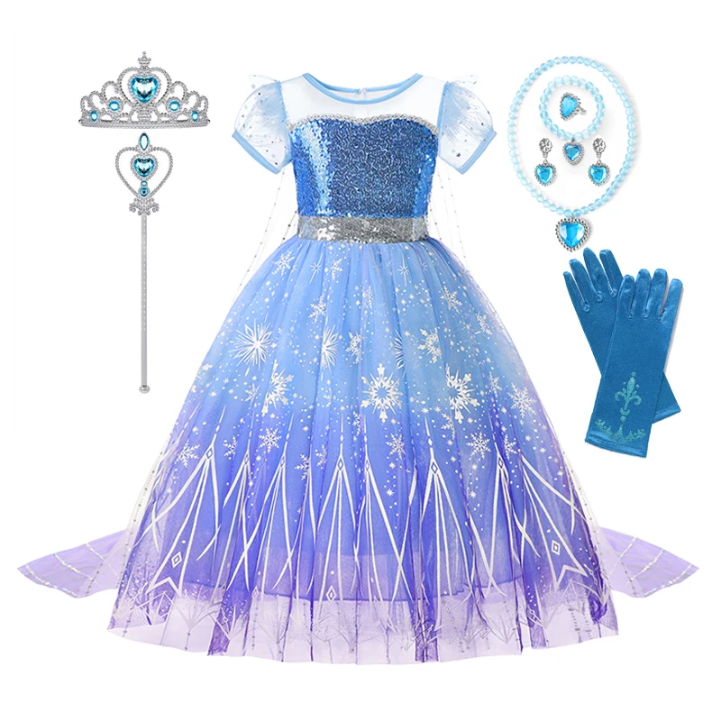 Girls Elsa Cosplay Princess Costume Frozen Role Play Dress Up Fancy Frocks Party Gown Sequin Mesh Vestidos Girls Birthday Dress