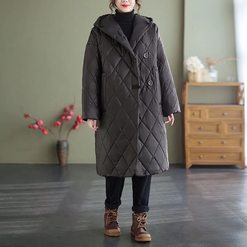 Women\'s Padded Long Jackets Free Shipping Diamond Check Winter Fur Coat with Pile Loose Outerwears Large Size Oversized