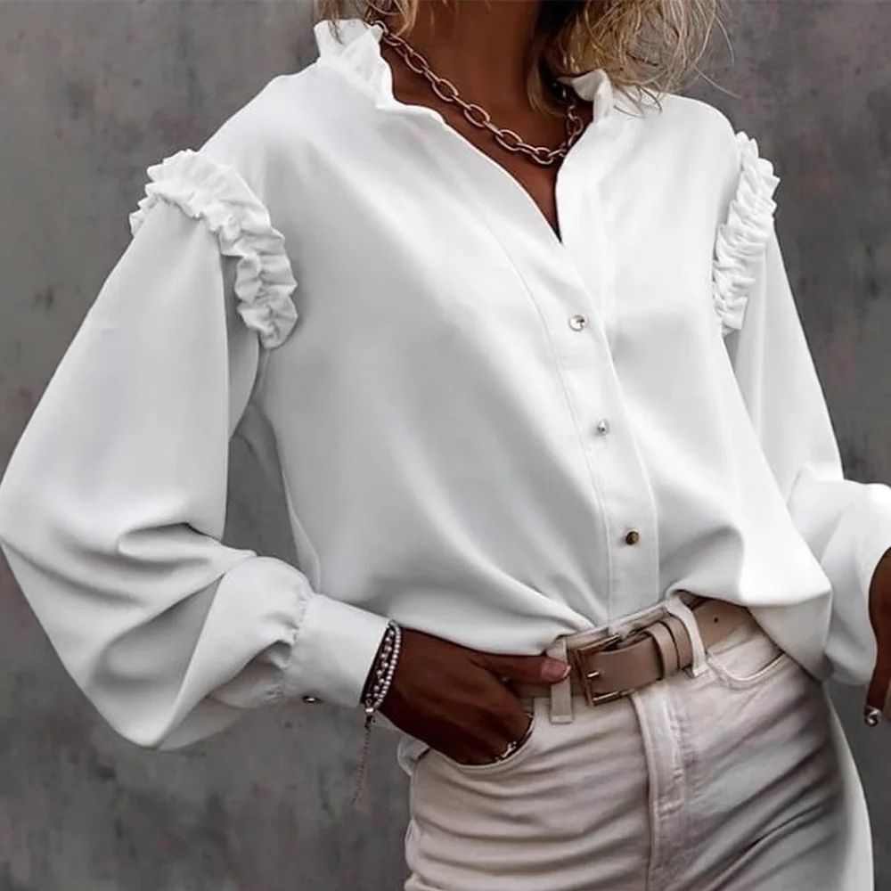 

2025 Fashion New Lantern Sleeve Single Button Solid Color Long Sleeve Shirt for Women