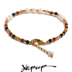 Yhpup Natural Stone Freshwater Pearl Bead Chain Bling Bracelet Bangle Stainless Steel Handmade Fashion Waterproof Jewelry Women
