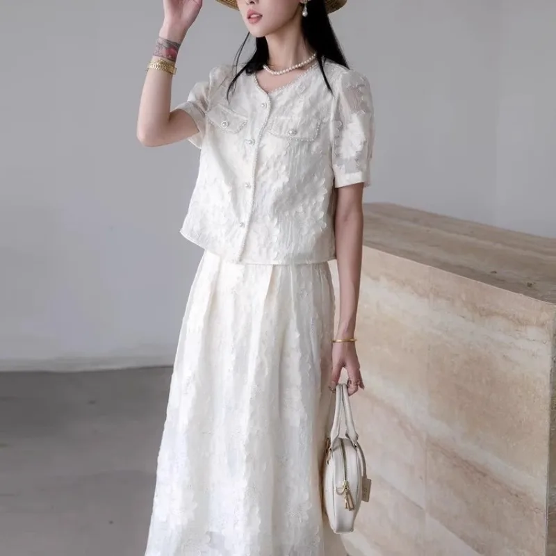 European Spring Summer Heavy Industry Hot Diamond Pearl Round Neck Jacquard Short-sleeved Shirt with Skirt Two-piece Suit Women