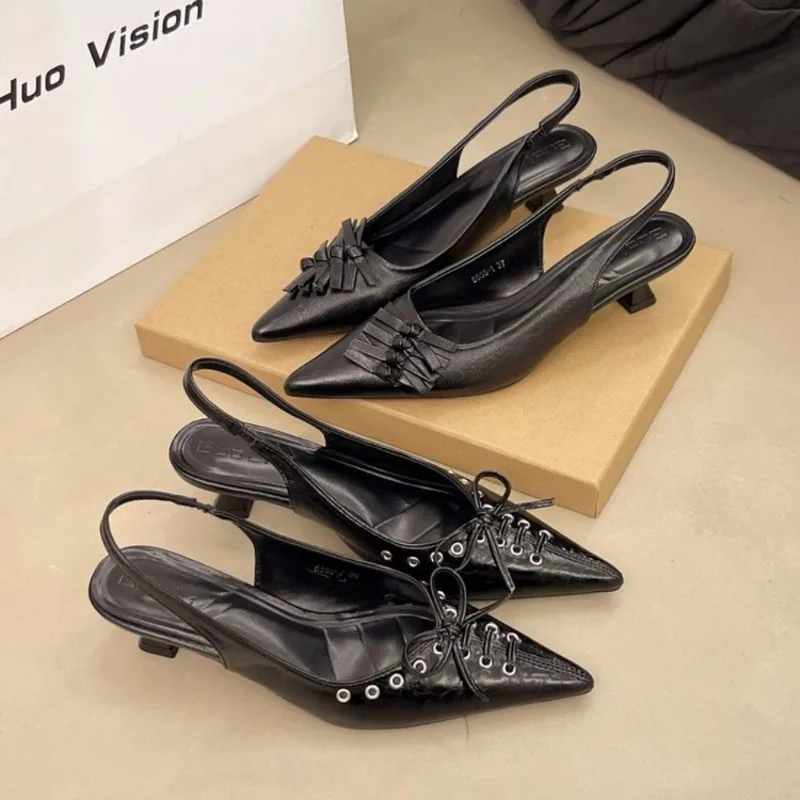 2025 New Summer French Black Pointed Bowknot Mid-heel Overhead Sandals for Women Elegance Skinny Heel Back Empty Shoes