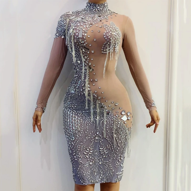 Women'S Mesh Rhinestones Dress Sexy Party Tassels Dress Stage Festival Outfit Bar Nightclub Dj DS Gogo Dance Costume XS6497