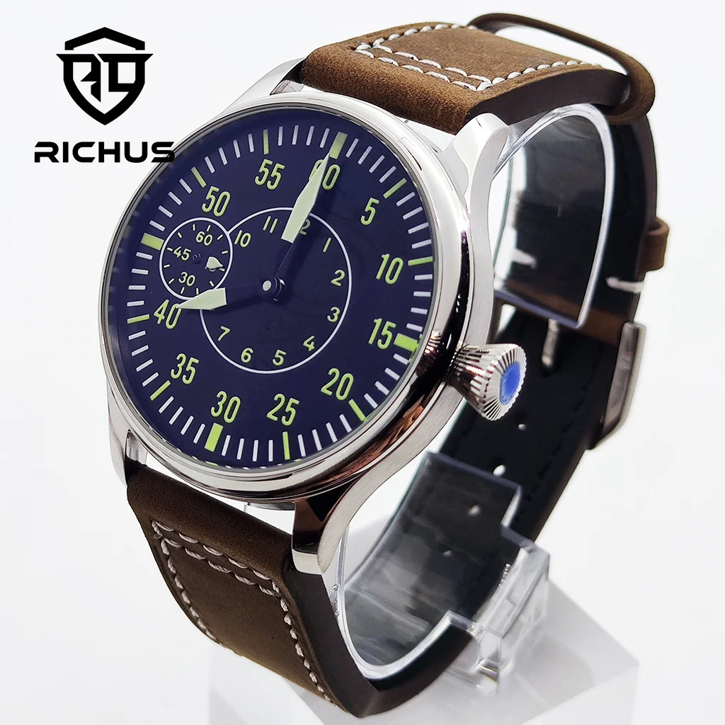 

44mm Men‘s Watch Leather Watch Strap Green Luminous ST3600 Seagull 6497 Movement Sport Wristwatches