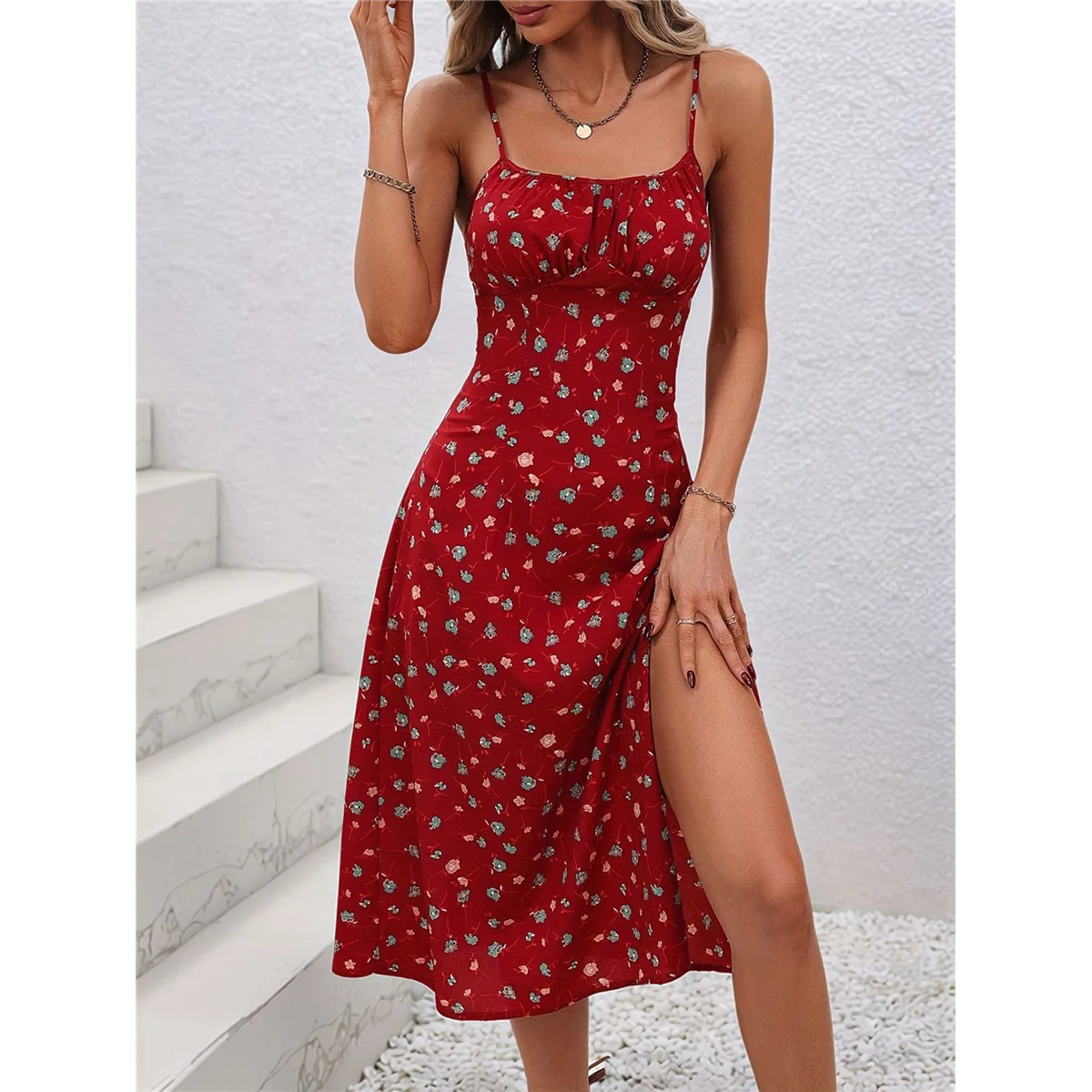 CYL-Abito estivo floreale da donna Abito longuette con cinturino per spaghetti Abito diviso senza schienale Abito boho da spiaggia per le vacanze