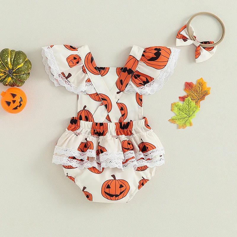 2024 Halloween Girl outfit Ruffled short sleeves Cake Lace Bodysuit Pumpkin Print Princess Suspenders jumpsuit with Headwear