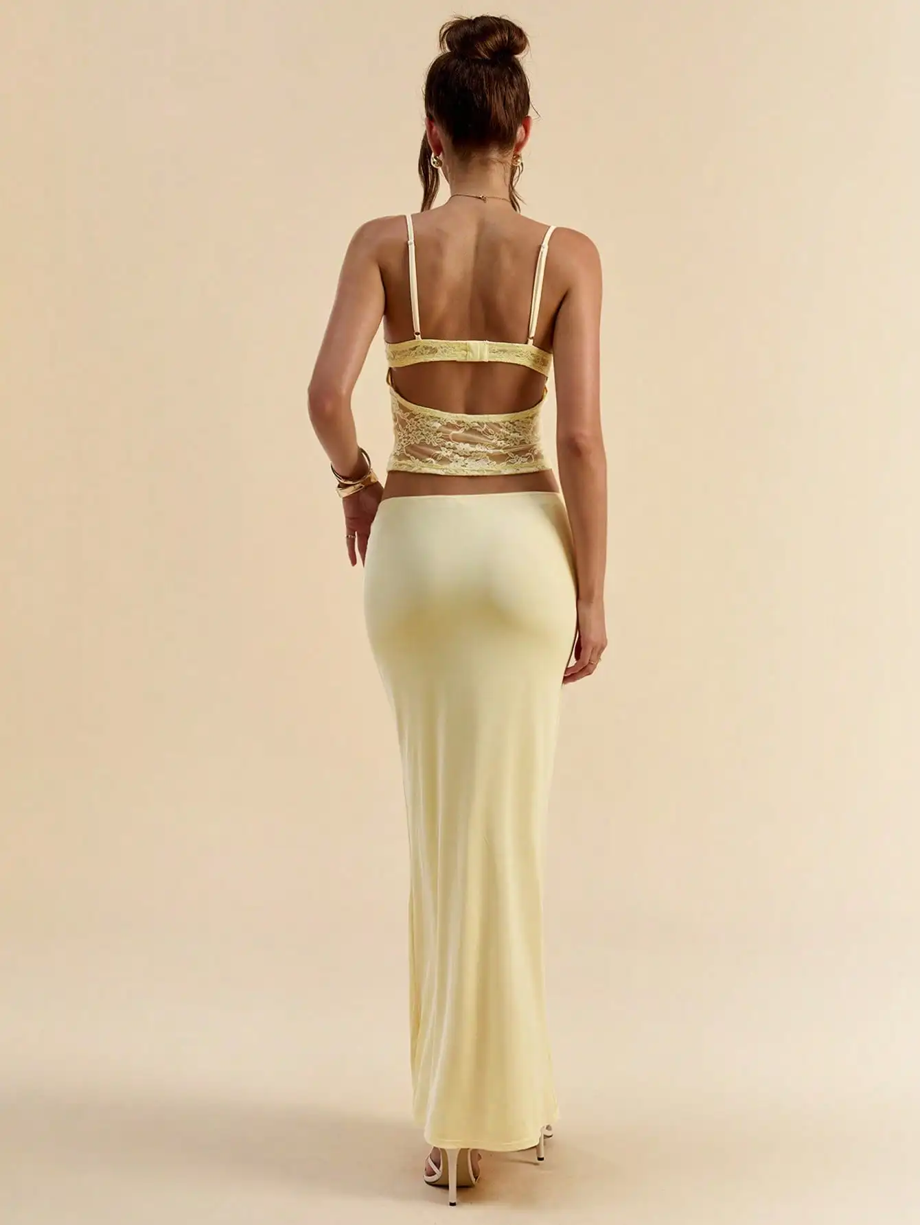 

Yellow Lace Spaghetti Strap Crop Top and High-Slit Maxi Skirt Two-Piece Set