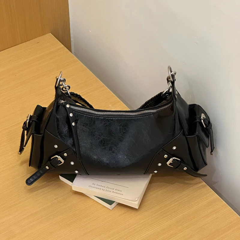 Korean Retro Rivet Motorcycle Tote Bag Women's Shiny Pvc Chain Underarm Bag Fashionable Simple Single Shoulder Crossbody Bag New