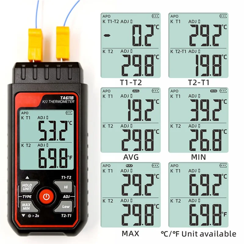 A88E-디지털 열전대 온도계 듀얼 채널 K/J 유형 온도계-328-2501 ℉   광범위 산업용 HVAC 온도 측정기