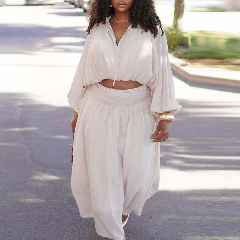 Spring Autumn Simple Loose Commuting Outfit Elegant Women Holiday Suit Casual V Neck Lantern Sleeve Top and Long Skirt Party Set - view 4