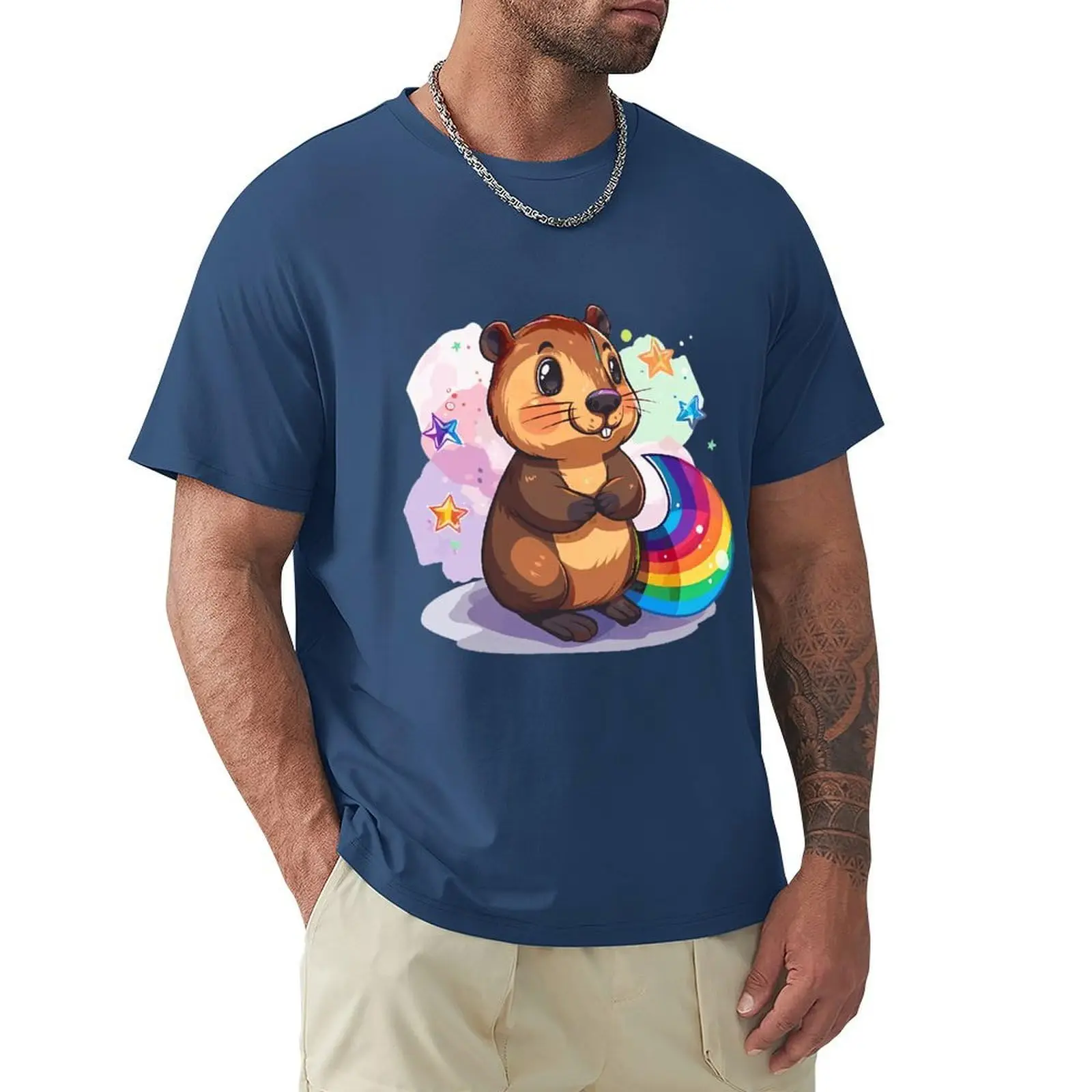 Cute Beaver Rainbow Tail Men's Cotton Graphic T Shirts Casual Crewneck Summer Tee TopsGraphic Y2K vintage Luxury High quality br