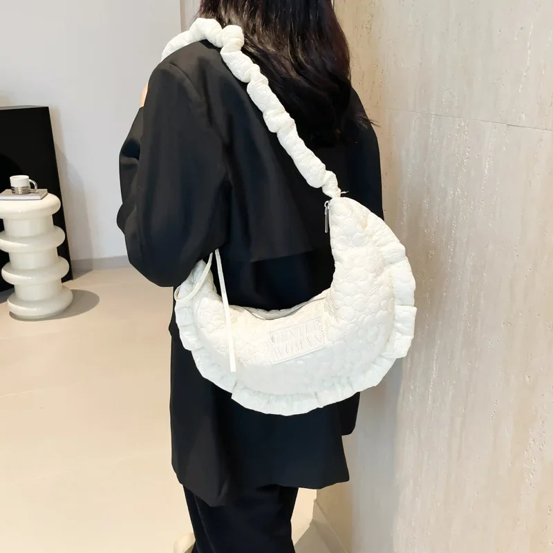 New Casual Retro Dumpling Bag Fashion Embroidery Thread Internet Celebrity Drawstring Single Shoulder  Women's Bag Wave Pattern