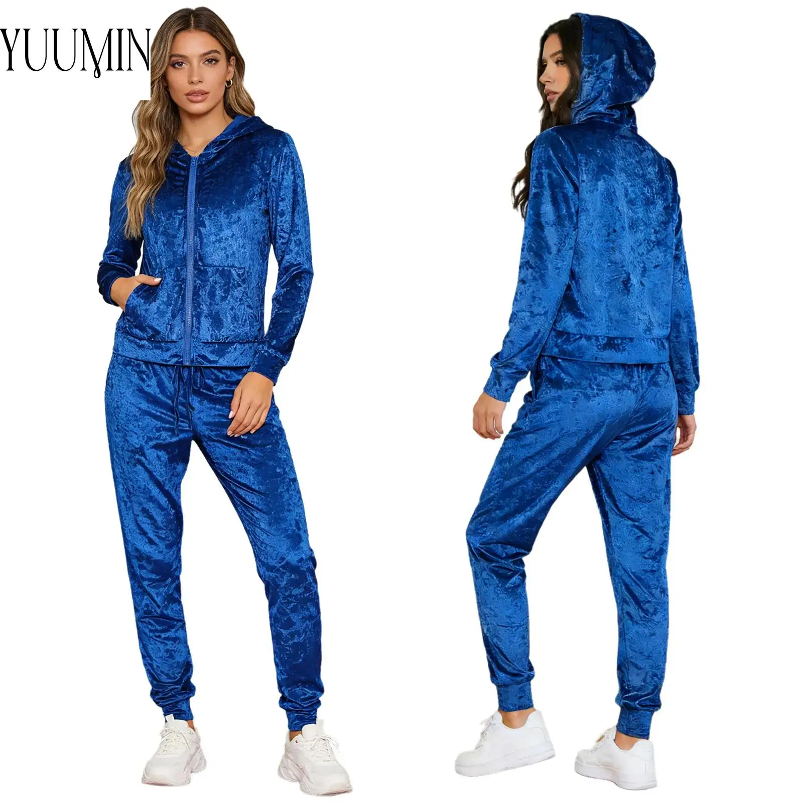 

Womens Fashion Velvet Sports Suit Tracksuit Long Sleeve Zipper Hooded Jacket+Pants Set for Gym Workout Yoga Running Casual Daily