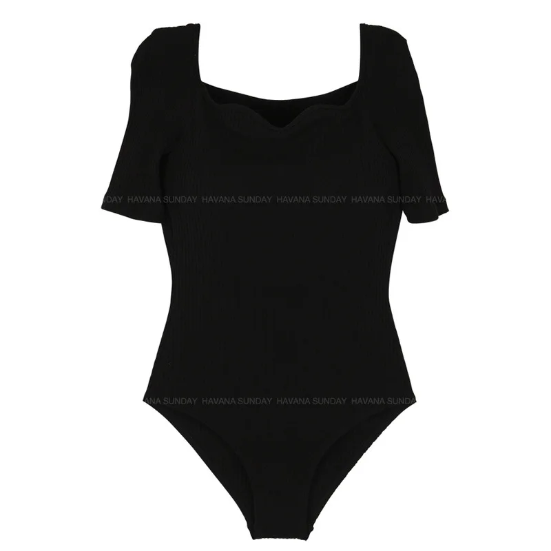 Short Sleeve One Piece Swimsuit Women Solid Black Swimwear Monokini Open Back Bathing Suit High Waist Push Up Pads Bathing Suits