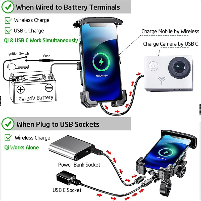 Supporto per telefono wireless per moto antifurto Supporto per caricabatterie rapido 15W e USB C 3A Supporto per moto per manubrio per telefono da 4.0-7.0 